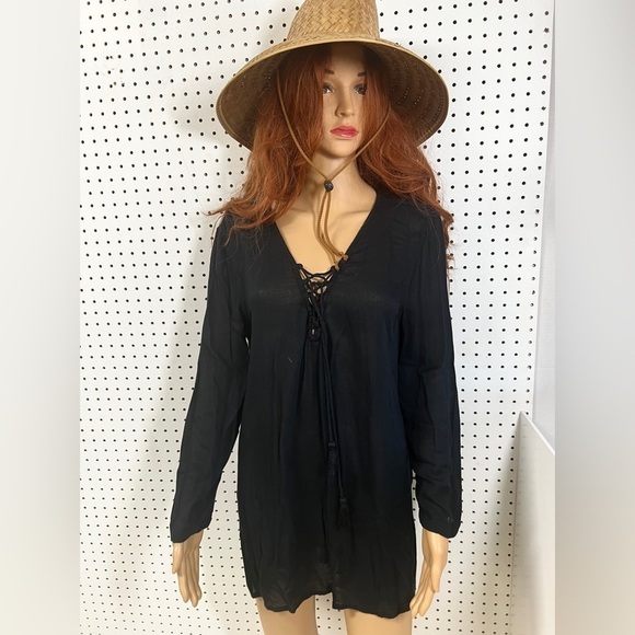 Billabong Women's Boho Black Lace-Up Tassel Front Beach Cover Up Tunic Dress M - Picture 6 of 11